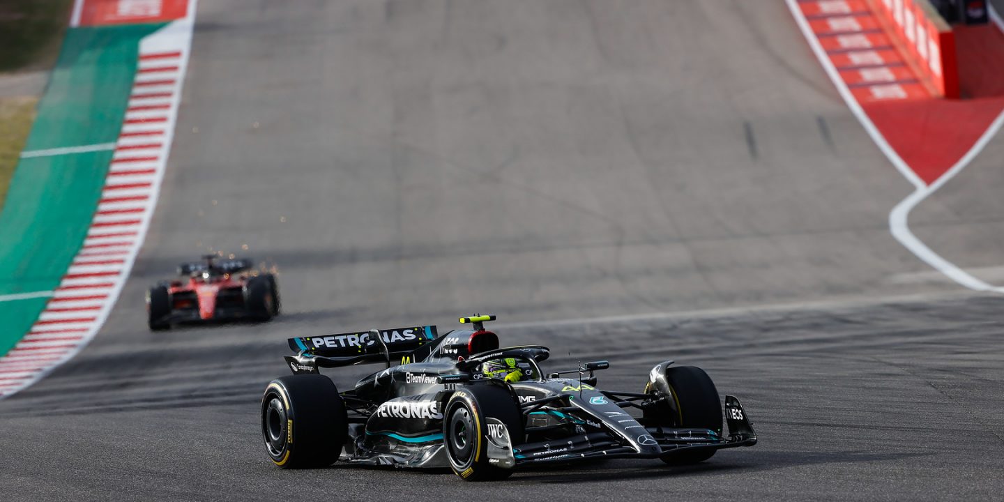 Mercedes F1 Car at Turn 1 of COTa, Austin